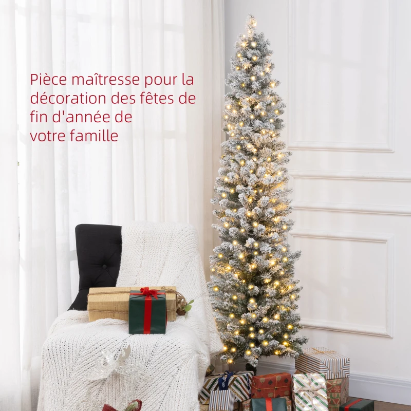 HOMCOM Sapin de Noël artificiel 180 cm avec éclairage LED blanc chaud, 329 branches enneigées, base en métal, réaliste et fin