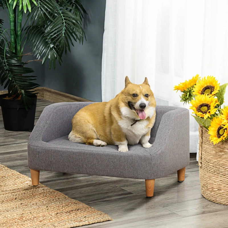PawHut Hundesofa Katzensofa Haustier Sofastil skandinavisch Holzfüße Stoffbezug abnehmbar 75 x 55 x 39 cm - Grau