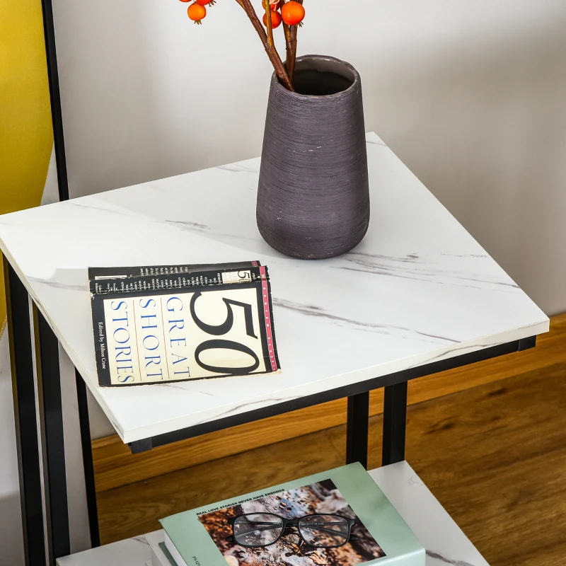 HOMCOM Table basse moderne salon table d'appoint chambre structure acier noir plateau étagère aspect marbre blanc
