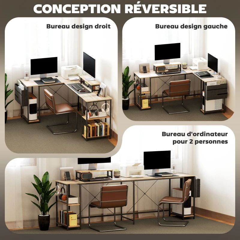 HOMCOM Bureau d'angle modulable réversible 168-240 cm style industriel - étagère réglable, sac de rangement, support d'écran