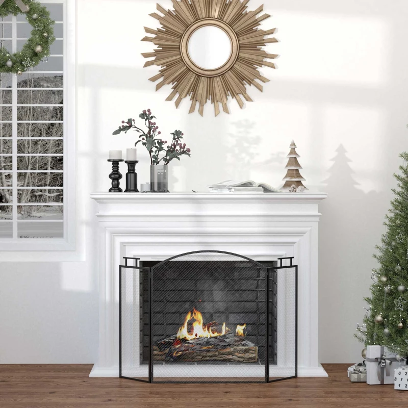 HOMCOM Pare-feu pour cheminée ou poêle - Pare-étincelles 3 Volets Pliables - dim. 110l x 24P x 76,5H cm - Acier métal Noir
