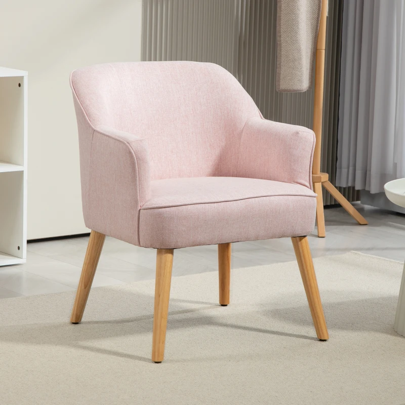 HOMCOM Butaca de Salón Moderna Sillón Individual Tapizado en Lino con Patas de Madera Carga 120 kg 64,5x65x79,5 cm Rosa