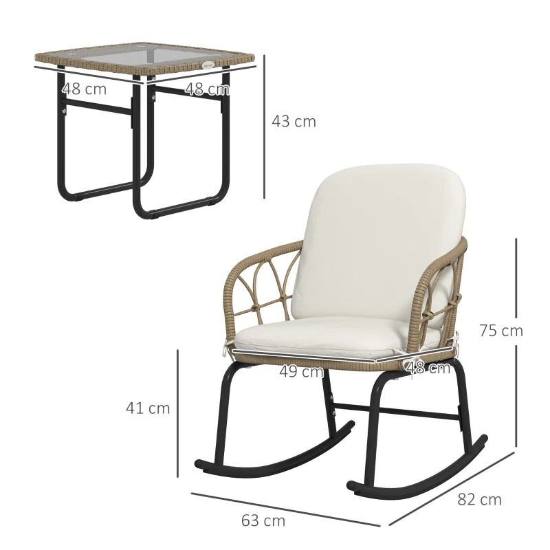 Outsunny Conjunto de Móveis de Vime de 3 Peças Conjunto de 2 Cadeiras de Baloiço 1 Mesa de Centro e Almofadas Creme e Bege