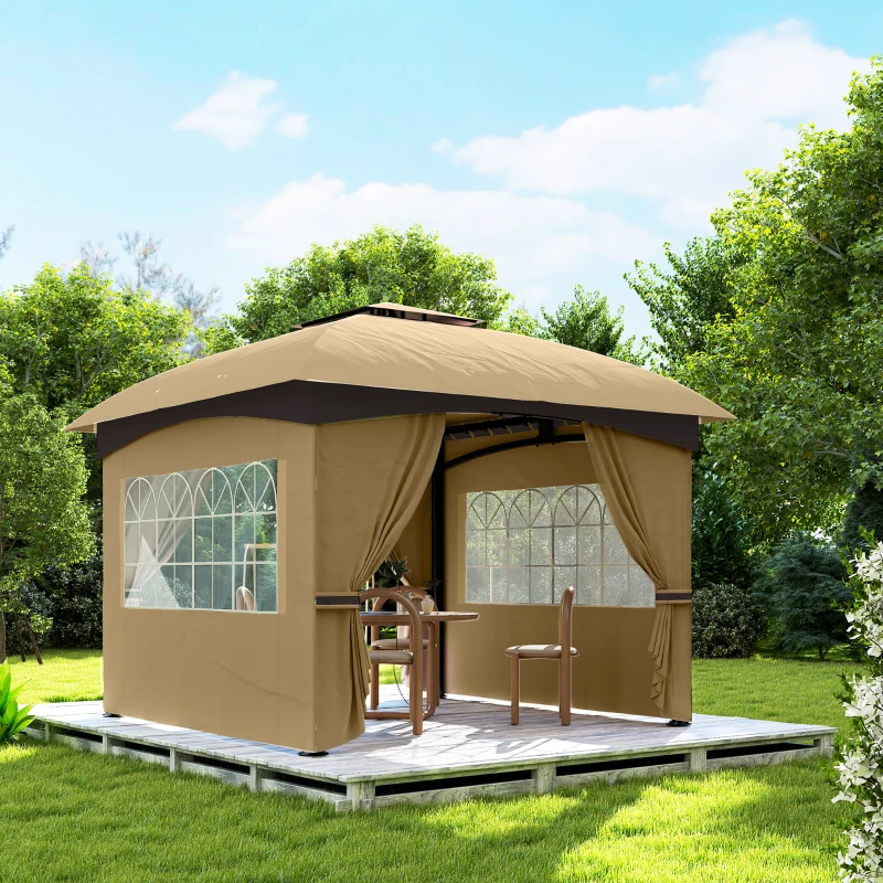 Outsunny Pavillon de jardin 3,4 x 3,4 m, chapiteau avec toit ventilé, fenêtres arquées, structure en acier, Beige