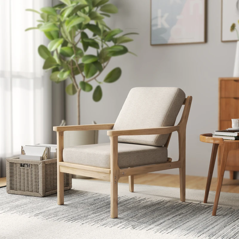 HOMCOM Fauteuil design minimaliste structure bois, 2 coussins amovibles recouvert de tissu effet lin, accoudoirs, beige