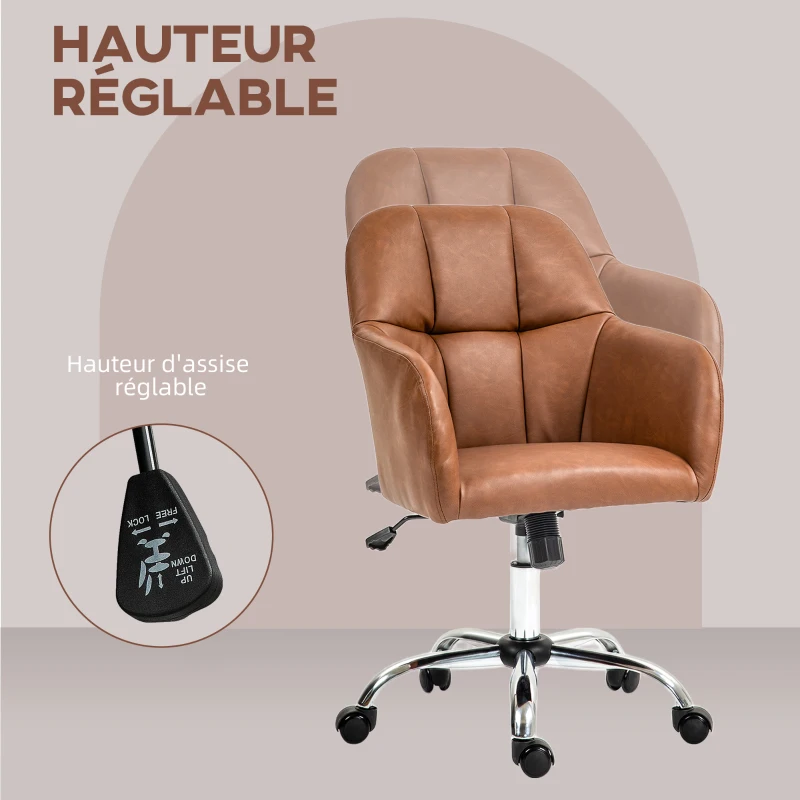 HOMCOM Fauteuil de bureau chaise de bureau pivotant sur roulettes, hauteur réglable, revêtement synthétique marron