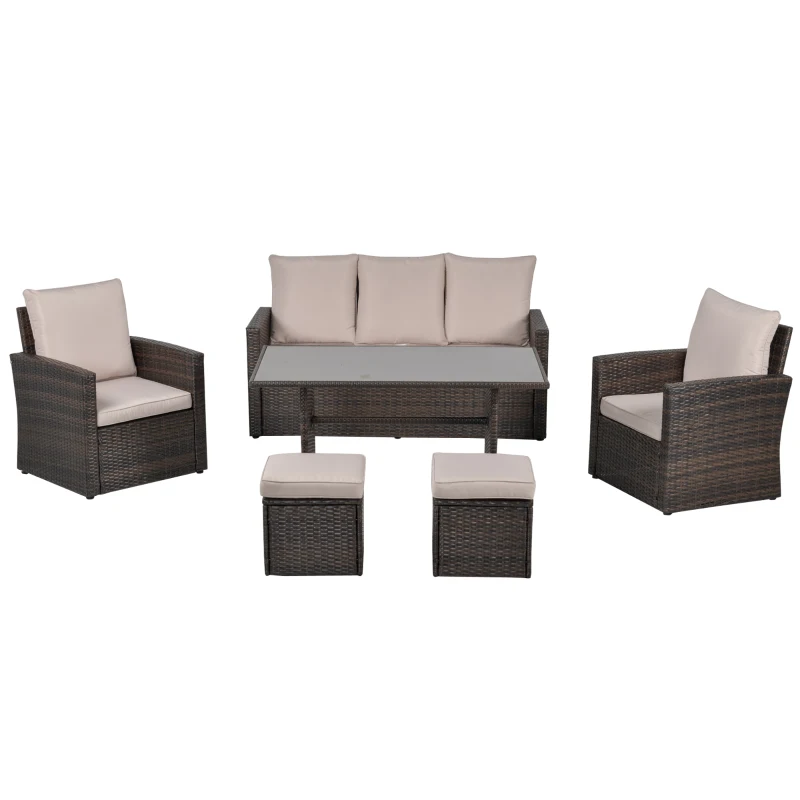 Outsunny Six-Piece Rattan Sofa Set, with Glass-Top Table - Mixed Brown