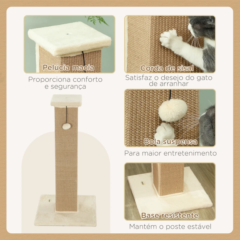 PawHut Poste Arranhador para Gatos Altura 81 cm Arranhador para Gatos com Poste de Sisal e Bola Suspensa 41x41x81 cm Bege