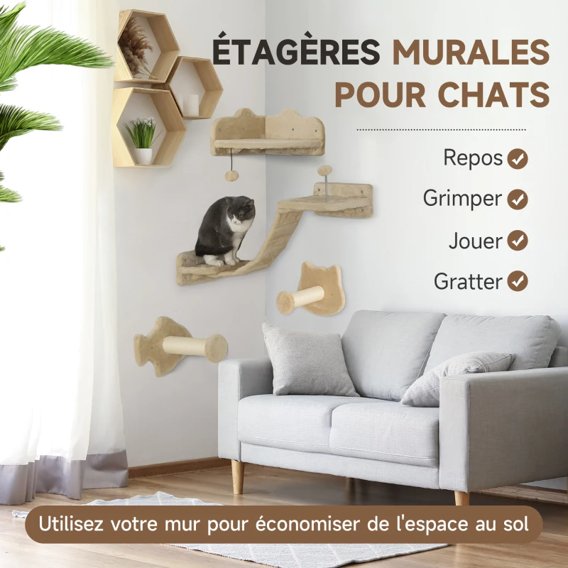 PawHut Étagères murales pour chat complet 4 pièces avec marches échelle plates-formes de saut griffoirs boule de jouet, gris