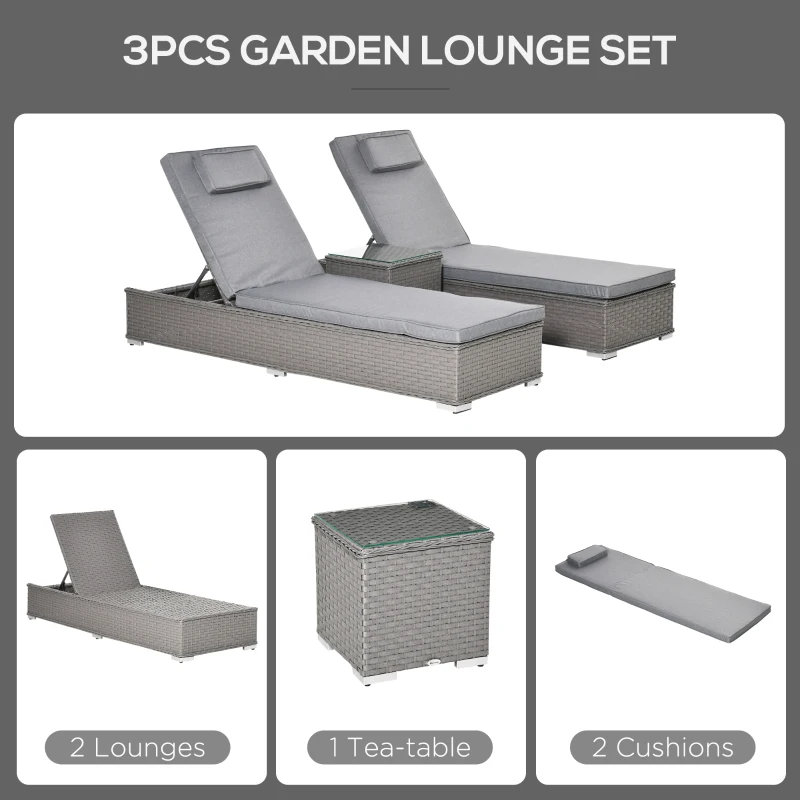 Outsunny 3 Pieces Rattan Sun Lounger Set with Aluminium Frame, 5-Position Adjustable Reclining Garden Chairs and Glass Top Table, Wicker Garden Furniture Daybed with Cushions for Patio, Grey
