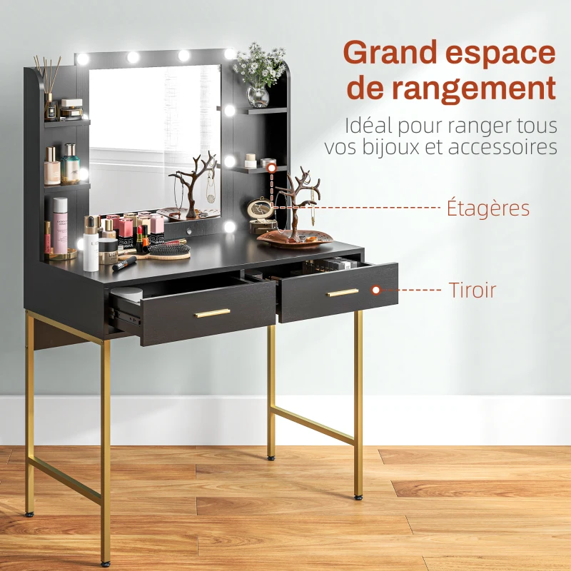 HOMCOM Coiffeuse avec miroir et éclairage intégré, tabouret rembourré, 2 tiroirs, étagères, coiffeuse moderne, noir