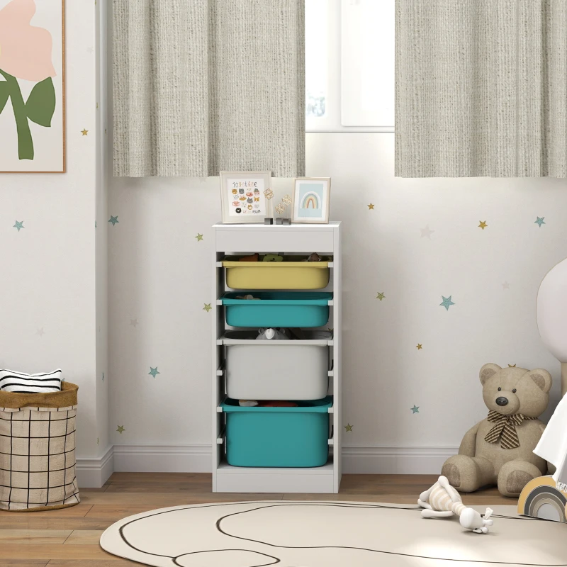 AIYAPLAY Meuble de rangement pour enfant, rangement jouets enfant, avec 4 boîte de rangement, 40,8L x 30l x 90,3H cm, blanc