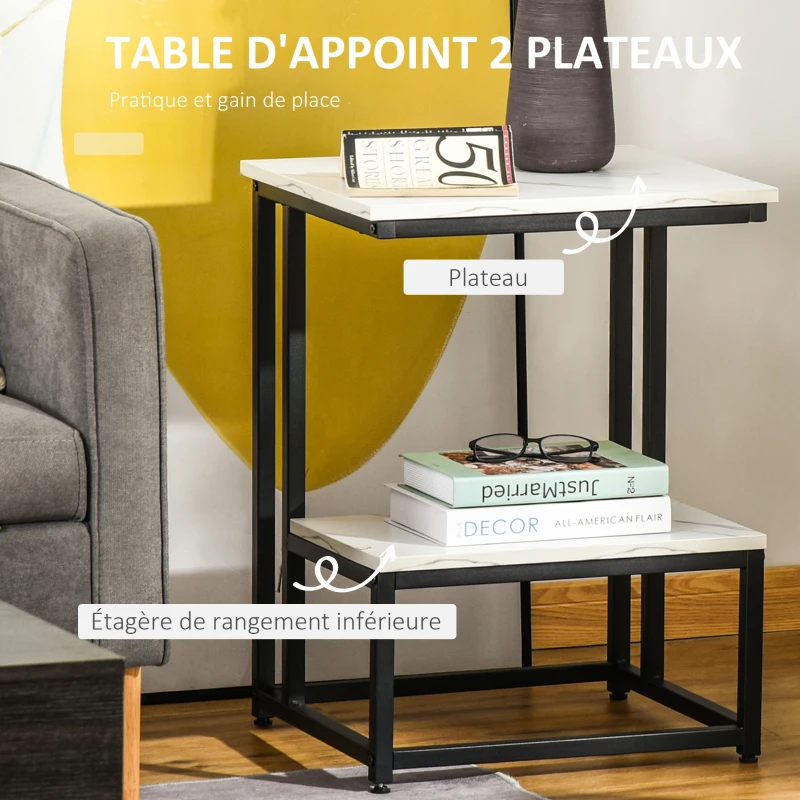 HOMCOM Table basse moderne salon table d'appoint chambre structure acier noir plateau étagère aspect marbre blanc