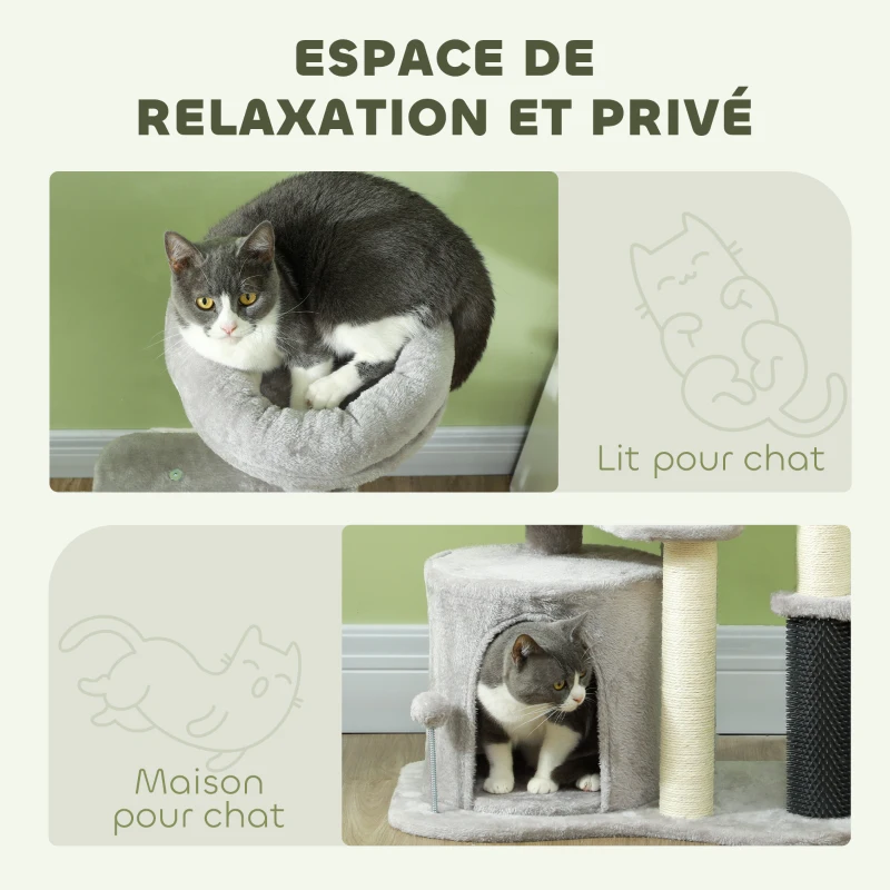 PawHut Arbre à chat arbre à grimper pour chat centre d'activités hauteur 87 cm à 3 niveaux - gris clair