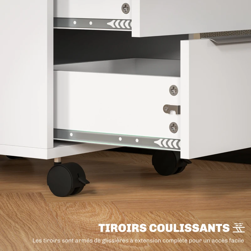 HOMCOM Caisson de bureau à roulettes avec 3 tiroirs et serrure pour dossiers 40 x 40 x 63,5 cm blanc