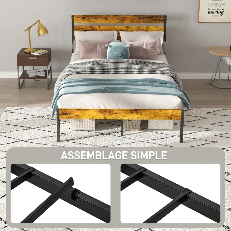 HOMCOM Cadre de lit double en acier avec sommier et tête de lit compatible matelas 140 x 200 cm, style industriel