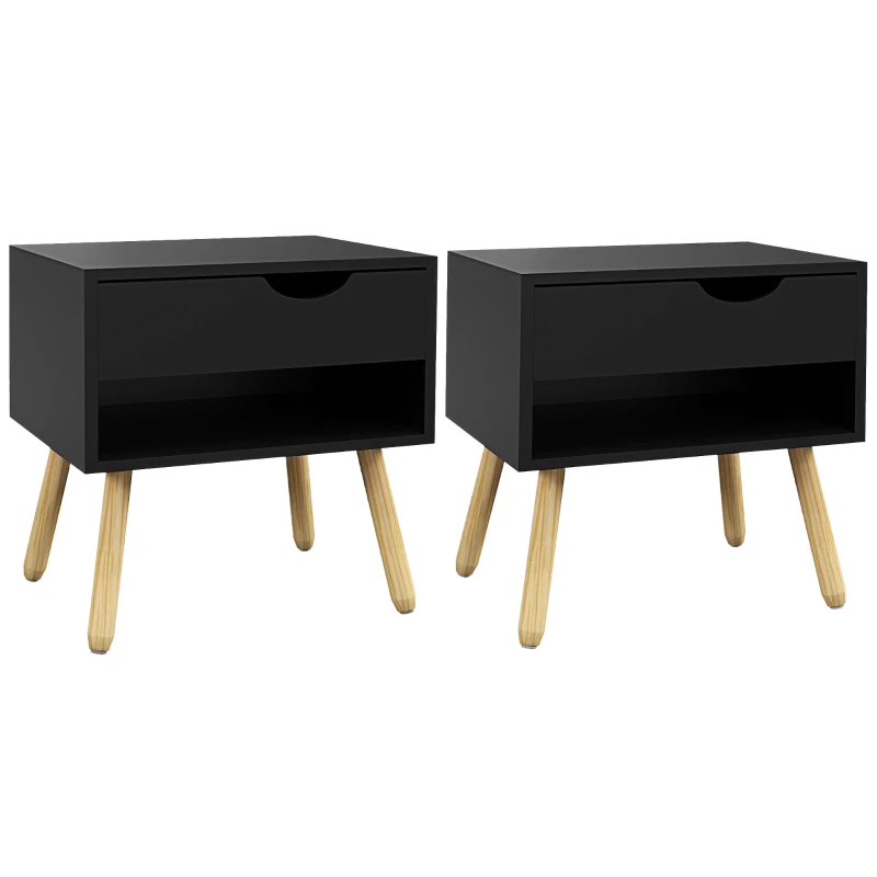 HOMCOM Lot de 2 tables de chevet tables de nuit avec tiroirs pieds en bois massif moderne 50 x 39 x 51 cm noir et bois naturel