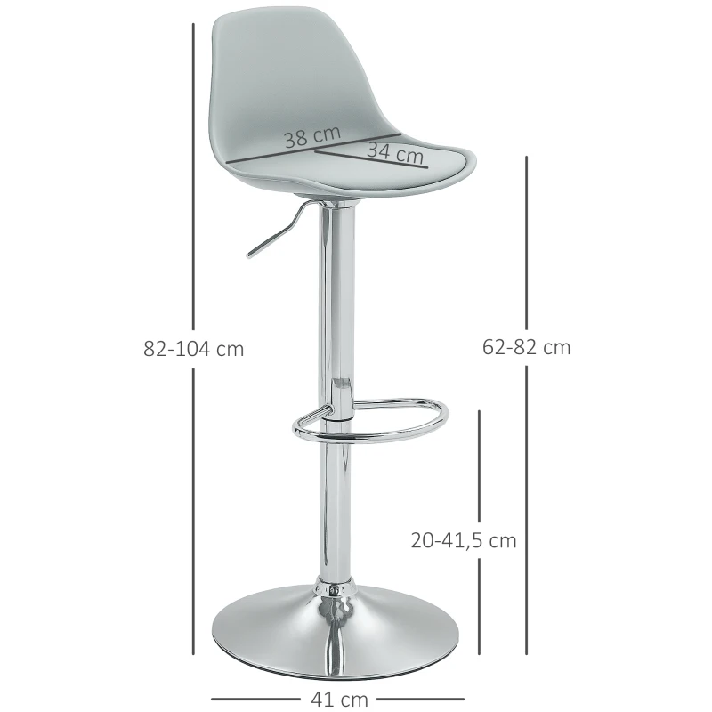 HOMCOM Ensemble de 2 Tabourets de Bar, Chaises de Bar, Chaises Pivotantes avec Dossier, Réglables en Hauteur, Supportant Jusqu'à 120 kg, 42 x 38 x 82-104 cm, Gris
