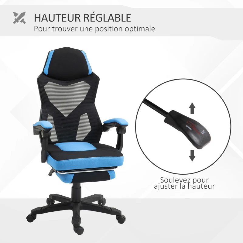 Vinsetto Chaise de bureau fauteuil gaming hauteur réglable dossier roulettes tissu en maille 58 x 63 x 112-122 cm bleu noir