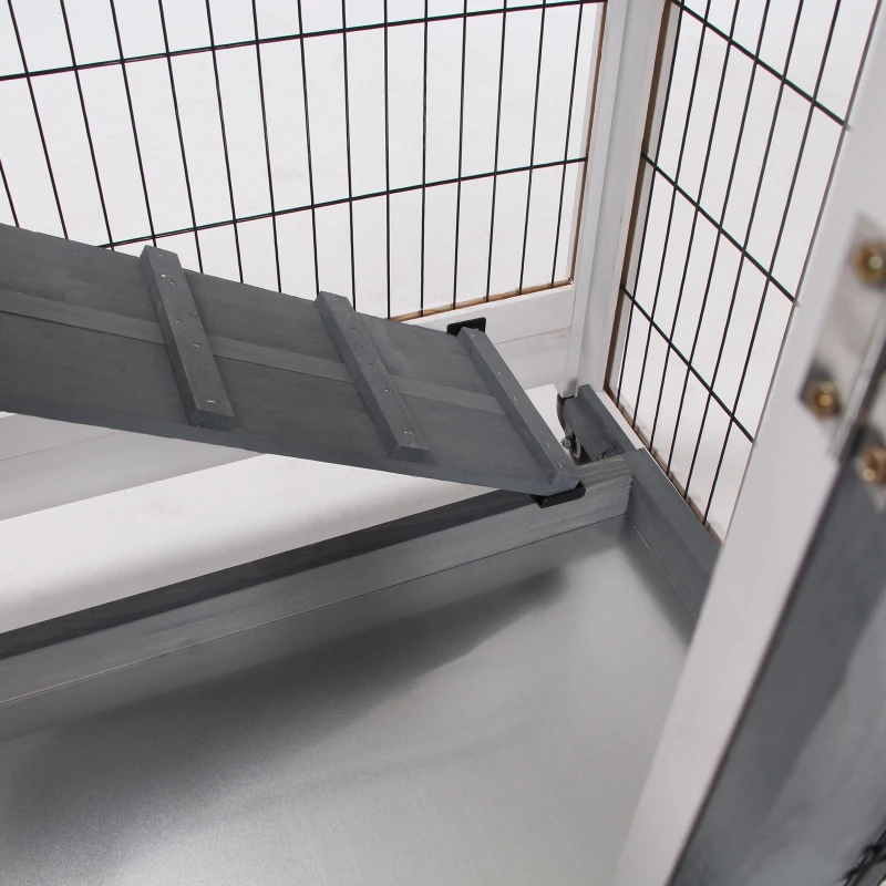 PawHut Hasenstall auf Rädern Kaninchenkäfig Innen Außen 2 Etagen 2 verriegelbare Türen 2 herausziehbare Schubladen Rampe Fichtenholz Grau Weiß