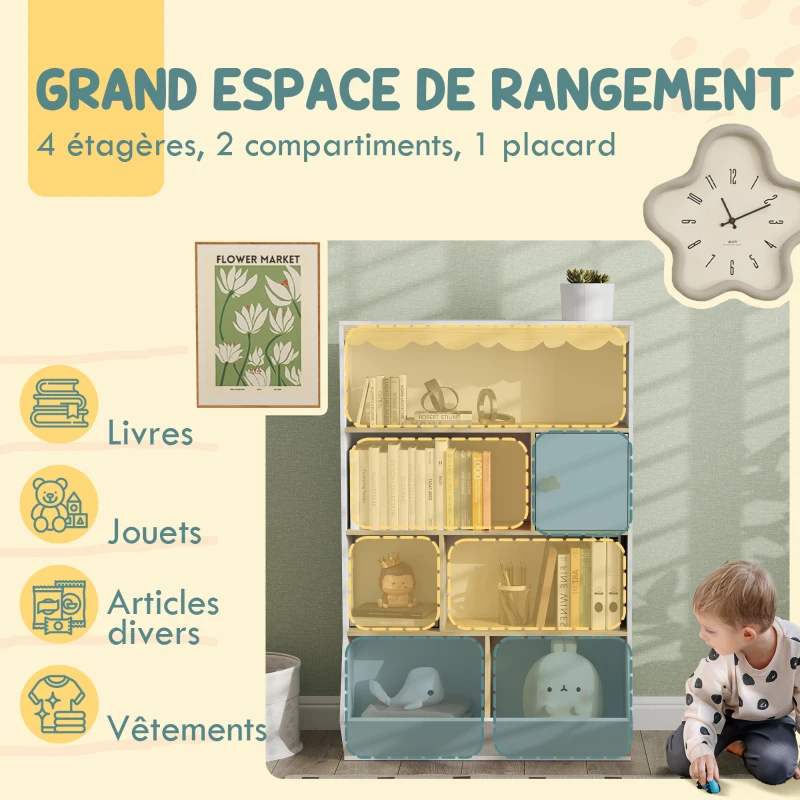 AIYAPLAY Bibliothèque enfant rangement livre enfant meuble de rangement pour jouets avec 4 étagères, 2 casiers et placard