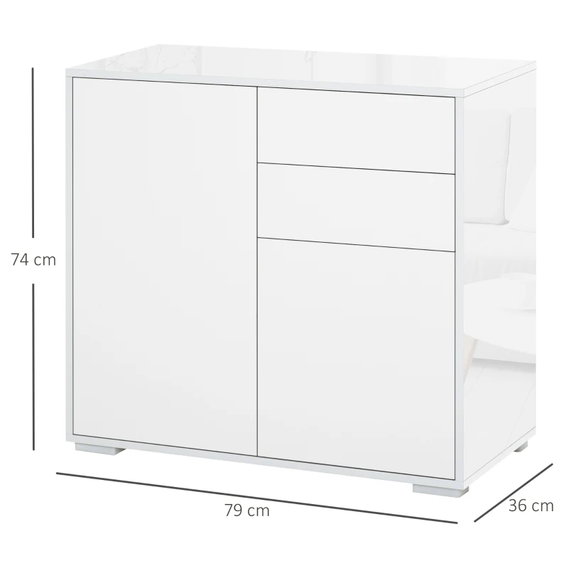 HOMCOM Mobiletto 2 Cassetti e 2 Ante, Apertura a Pressione, Mobile con 2 Cassetti e 2 Ante per Casa e Ufficio, 79x36x74cm, Bianco Opaco