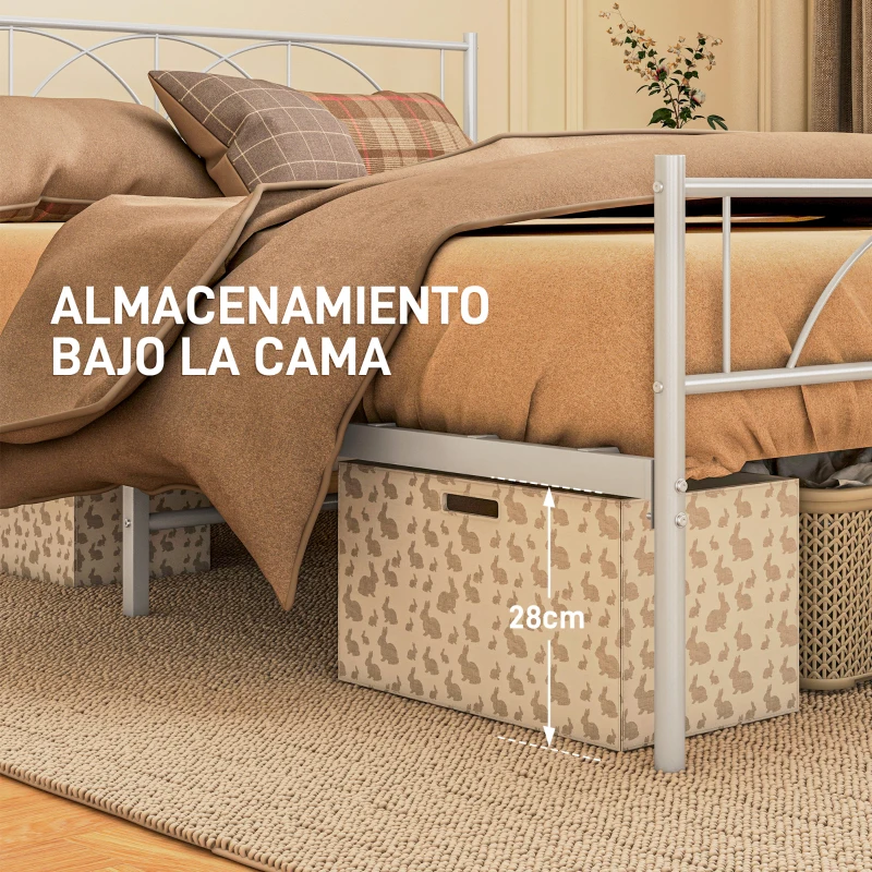 HOMCOM Cama Doble 150x200 cm con Cabecera Listones de Acero y Espacio de Almacenamiento Debajo de la Cama Carga 330 kg Blanco
