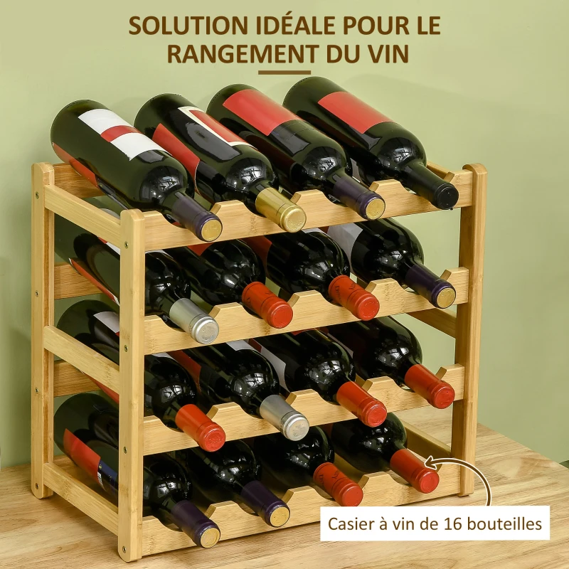 HOMCOM Range-bouteilles casier porte-bouteilles en bois de bambou 4 niveaux 16 bouteilles 43 x 23,5 x 38 cm bois naturel