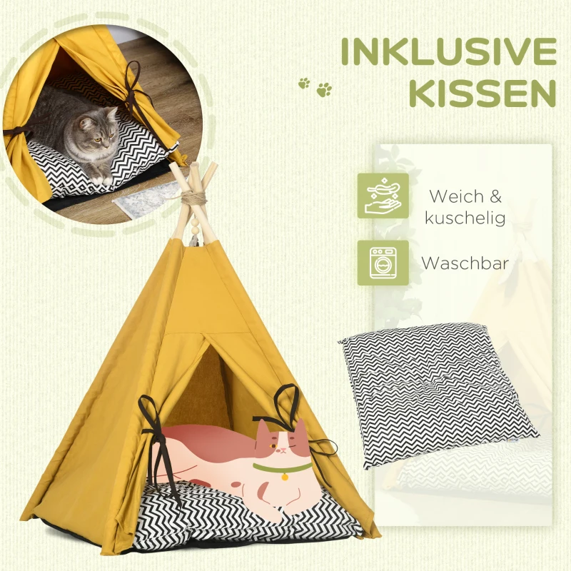 PawHut Tierbett, drolliges Tipi-Design, mit weichem Liegekissen, Bodenmatte, für Hunde und Katzen, 60 x 60 x 76 cm