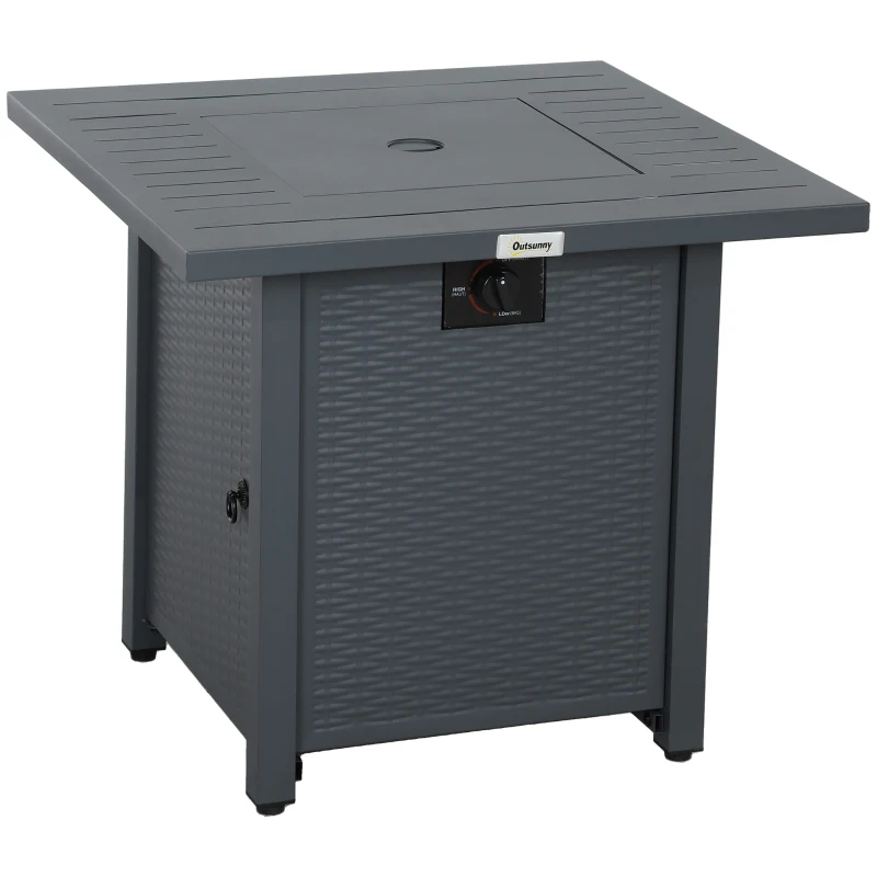 Outsunny Rattan-style Propane Gas Fire Pit Table with 40,000 BTU Burner, Square Smokeless Firepit Patio Heater with Thermocouple, Lava Rocks, Waterproof Cover, Spark Guard and Lid, Grey