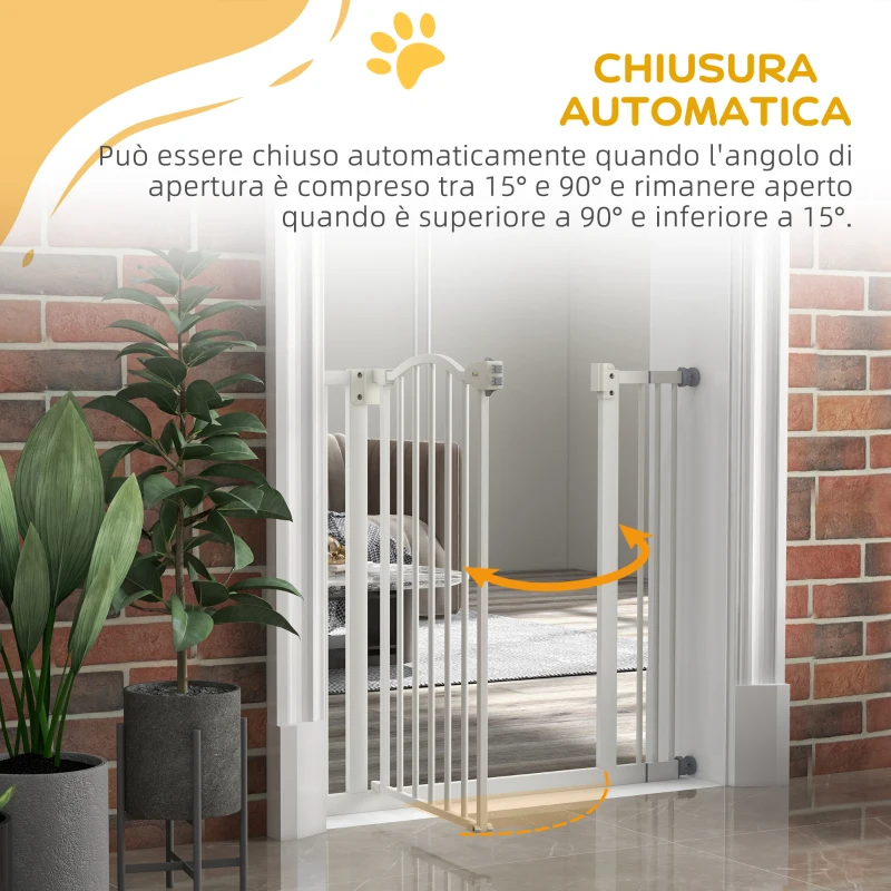 PawHut Cancelletto per Cani Estensibile con 2 Blocchi e Chiusura Automatica, in Metallo e Plastica, 74-87x78 cm, Bianco