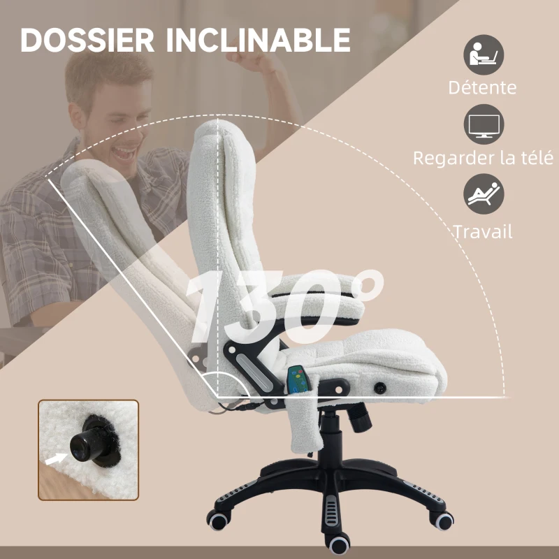 Vinsetto Fauteuil de bureau massant et chauffant hauteur réglable, dossier inclinable et télécommande filaire, pivotant à 360°
