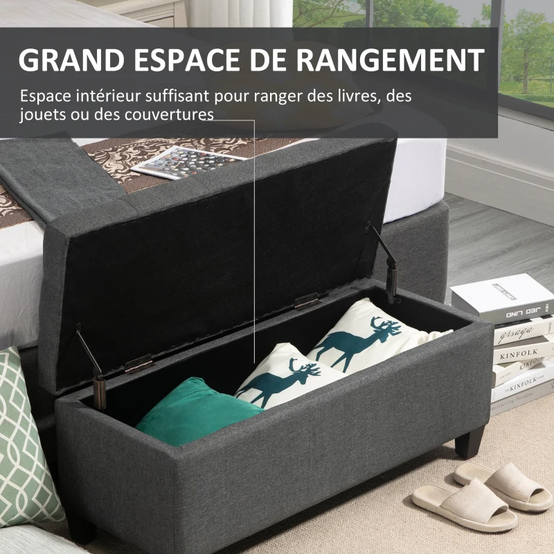 HOMCOM Banc de rangement pouf salon bout de lit coffre de rangement pour salon, chambre, entrée, 100 x 40 x 44 cm, gris foncé