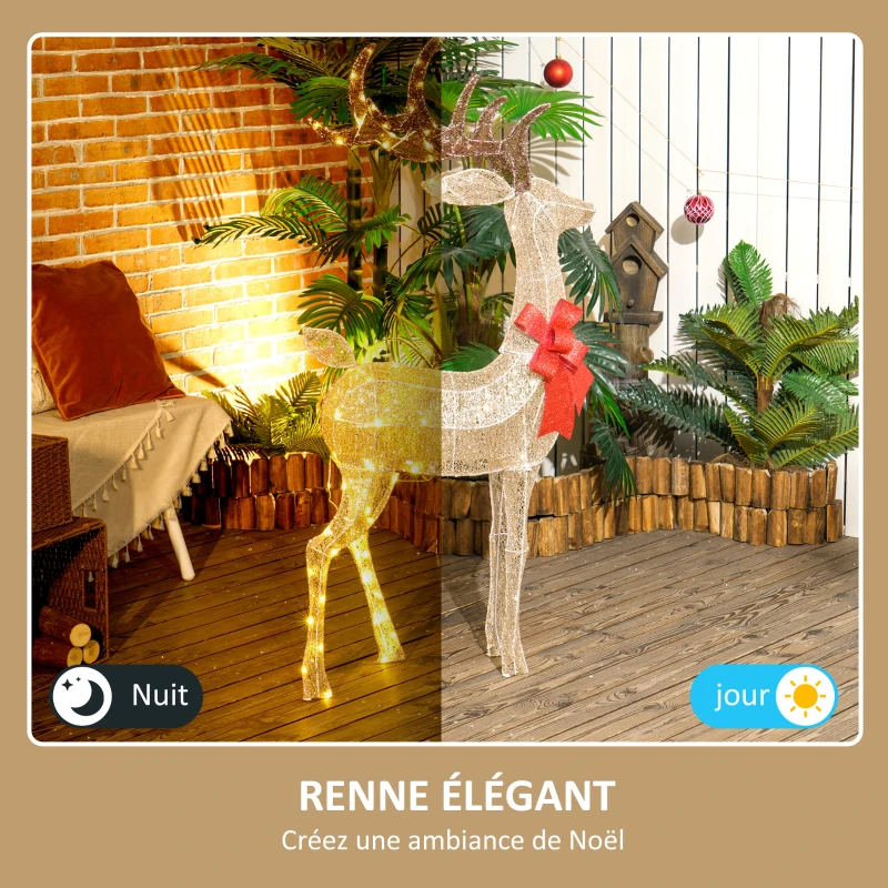 Outsunny Renne de Noël lumineux, décoration renne lumineux Noël en acier, avec 137 LED blanc chaud, 66 x 25 x 135 cm, or