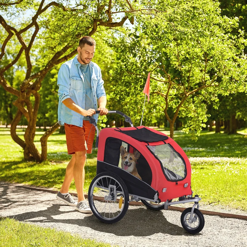 HOMCOM 2-in-1 Pet Bike Jogger Trailer with Swivel Front Wheel, Reflectors, and Hitch Bar Included in Red Black