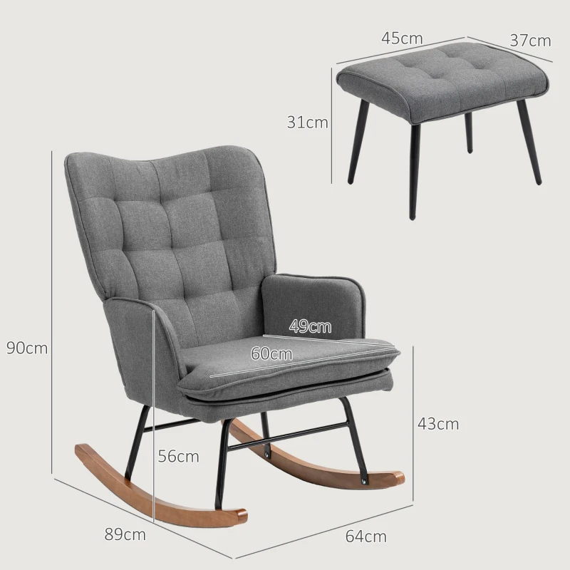 HOMCOM Schaukelstuhl mit Hocker, komfortabel, bis 130 kg, Leinenoptik, 64x89x90cm, Dunkelgrau(m-3)