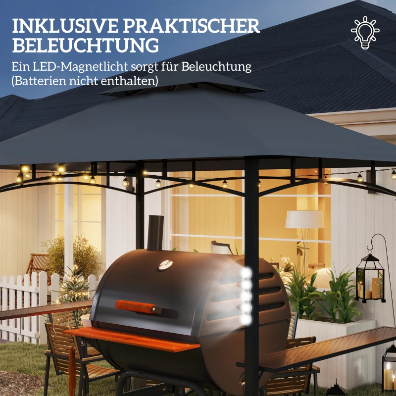 Outsunny Grillpavillon, Gartengrillzelt mit Gewürzregalen, LED-Beleuchtung, Metall, Kunststoff, 243L x 148B x 248H cm, Grau