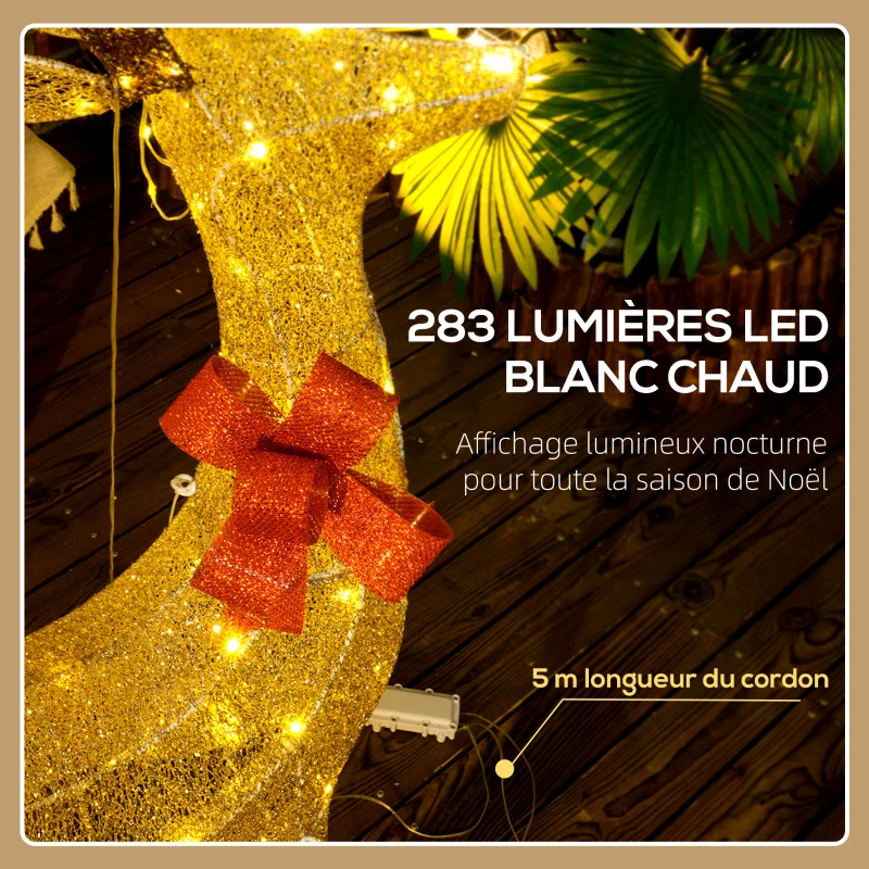 Outsunny 3 cerfs lumineux Noël, en forme de famille de cerfs, rennes lumineux Noël, en acier, 283 LED blanc chaud, or
