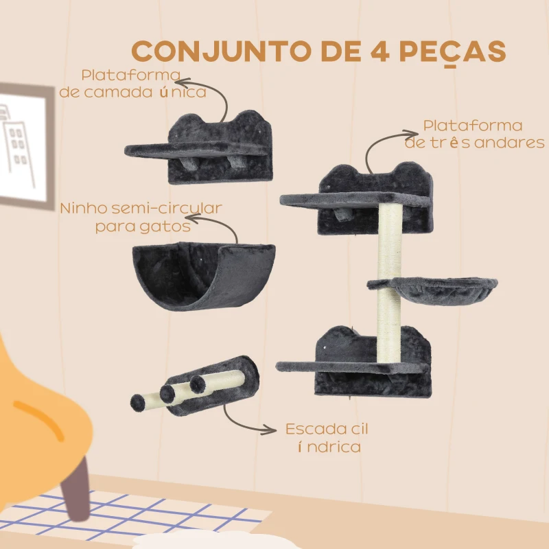 PawHut Prateleiras de Parede para Gatos 4 Peças com Rede Plataforma Semicircular Plataformas de Salto e Poste de Sisal Cinza