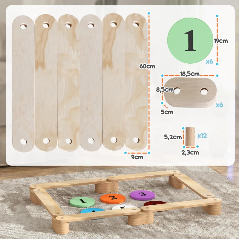 AIYAPLAY Poutre d'équilibre en bois pour enfants parcours de motricité modulable 6 pièces pour intérieur et extérieur naturel