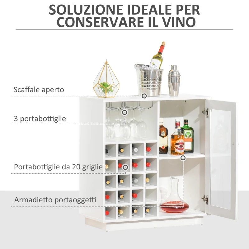 HOMCOM Mobiletto Portabottiglie Vini con Porta Calici e Armadietto, Capacità 20 Bottiglie, 80x36x85 cm, Bianco