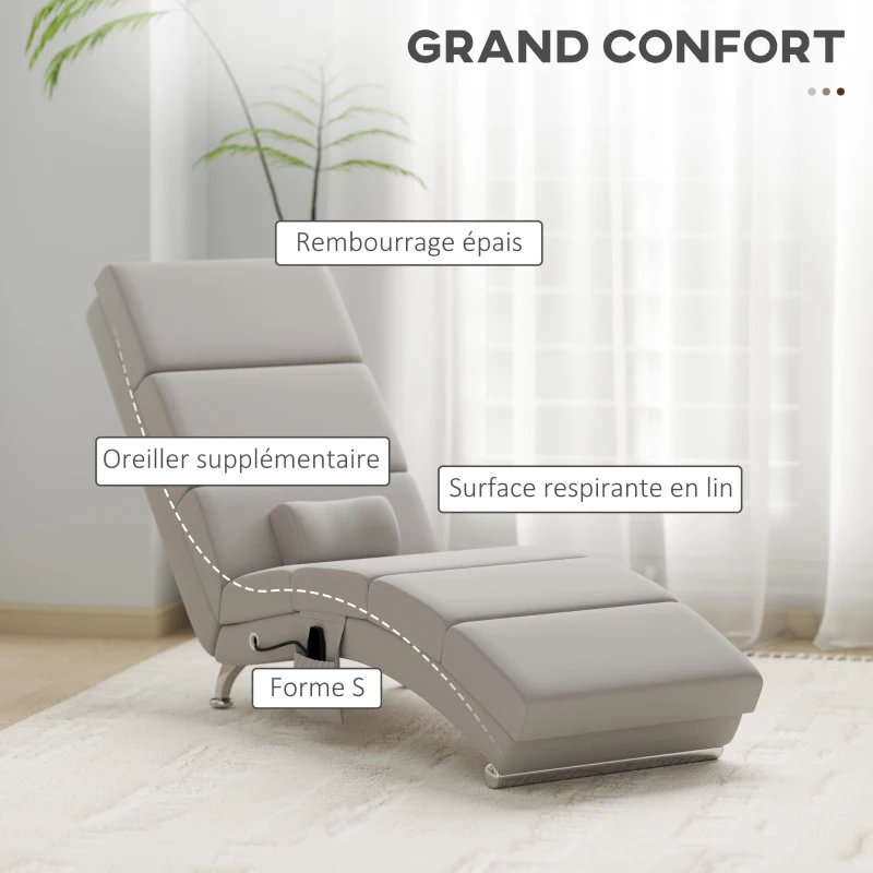HOMCOM Fauteuil relax salon fauteuil de massage et chauffage meridienne avec télécommande et oreiller, tissu effet lin, crème
