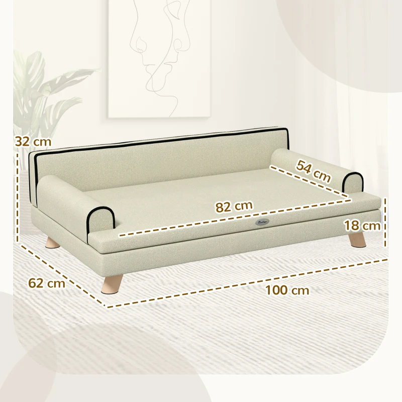 PawHut Skandinavisches Design-Sofabett für Hunde oder Katzen mit kuscheligem abnehmbarem Kissen und massiven Holzbeinen 100 x 62 x 32 cm beige