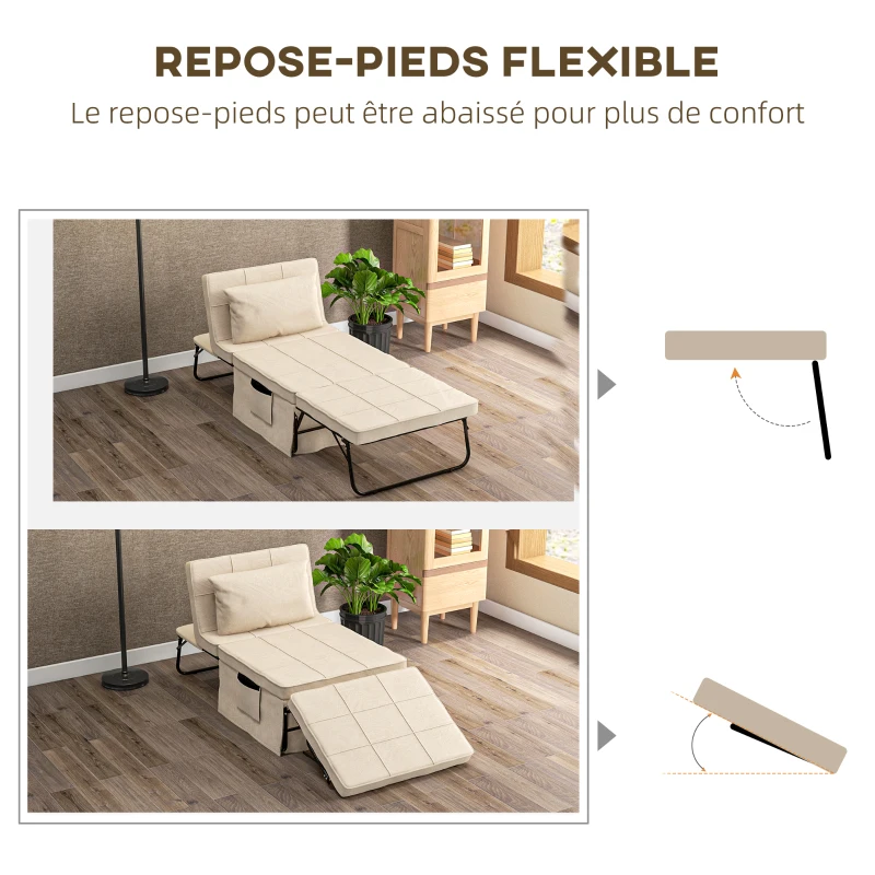 HOMCOM Fauteuil lit convertible chauffeuse chaise longue et pouf 4 en 1 avec dossier inclinable 5 positions crème