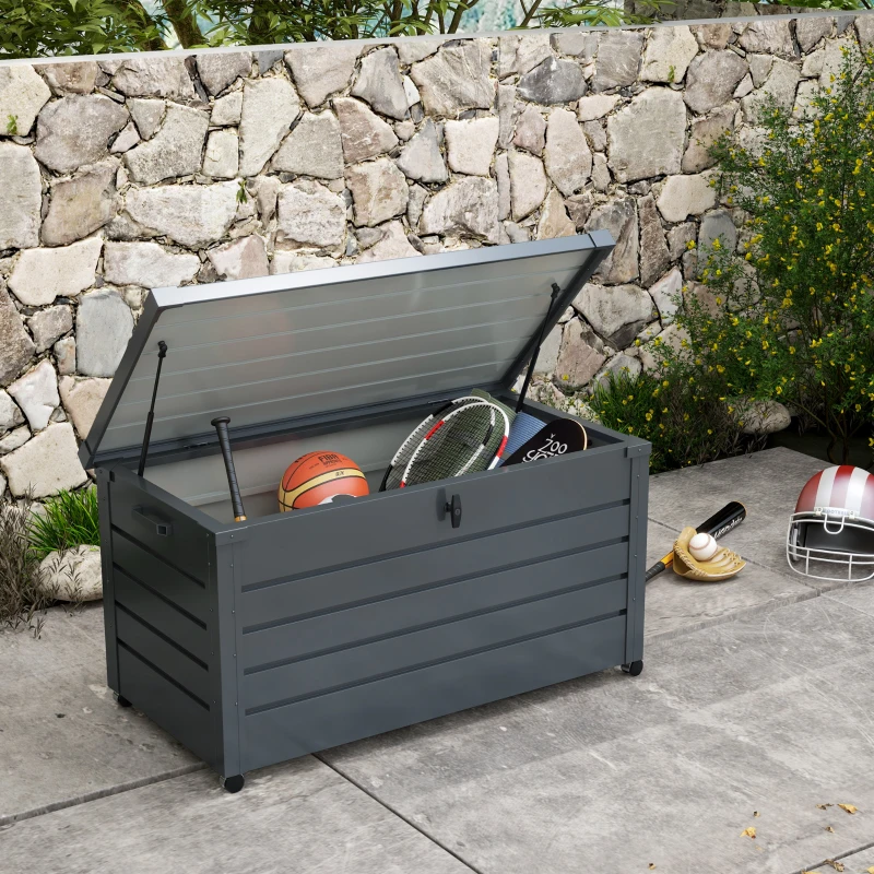 Outsunny Coffre de rangement extérieur 311L, avec vérin à gaz, roulettes et poignée, en acier galvanisé, 120x62x66 cm, gris