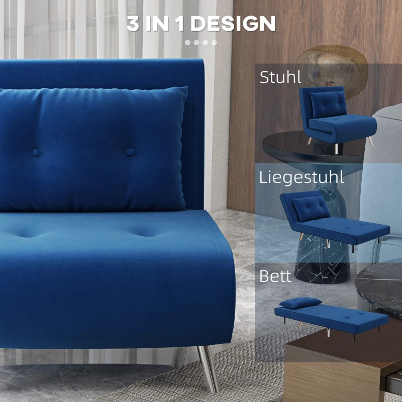 HOMCOM Liegesessel Sessel mit Liegefunktion Schlafsessel, Knopfheftung, Leinenoptik, 77 cm x 88 cm x 83 cm, Blau