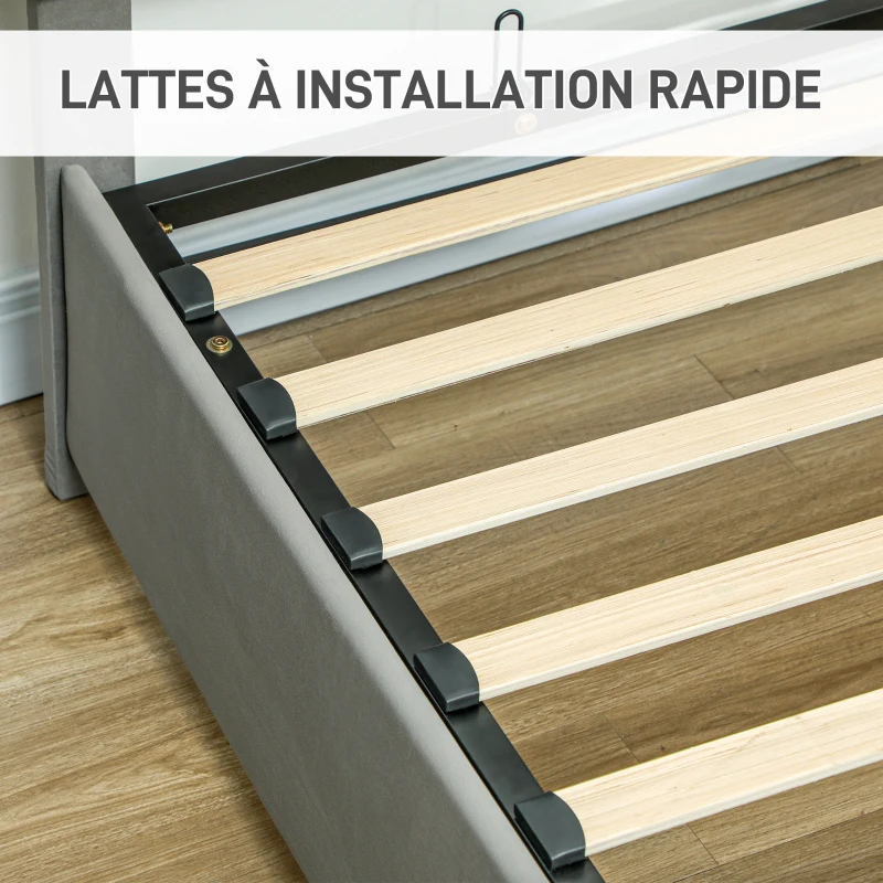 HOMCOM Cadre de lit double sommier coffre à vérins, tiroir à roulettes, tête de lit réglable capitonnée effet velours, gris