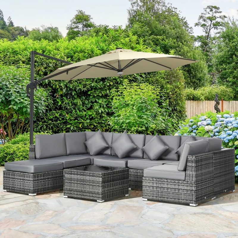 Outsunny 8 Pieces PE Rattan Corner Sofa Set, Outdoor Garden Furniture Set, Patio Wicker Sofa Seater w/ Cushion, Washable Cushion Cover & Tempered Glass Table, Grey