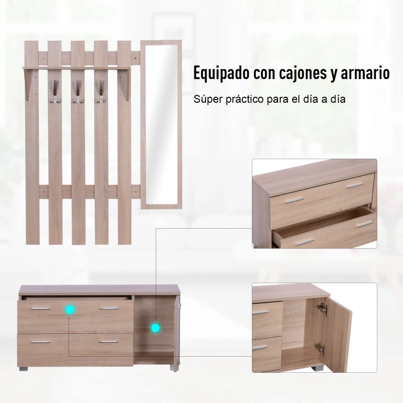 HOMCOM Conjunto de Recibidor de Entrada con Espejo Perchero Zapatero 3 Ganchos Estante y 2 Cajones para Pasillo Roble