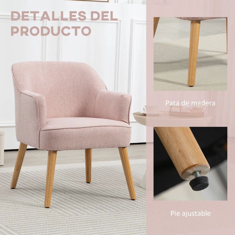 HOMCOM Butaca de Salón Moderna Sillón Individual Tapizado en Lino con Patas de Madera Carga 120 kg 64,5x65x79,5 cm Rosa